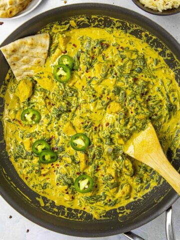 Chicken Saag in a hot pan, ready to serve