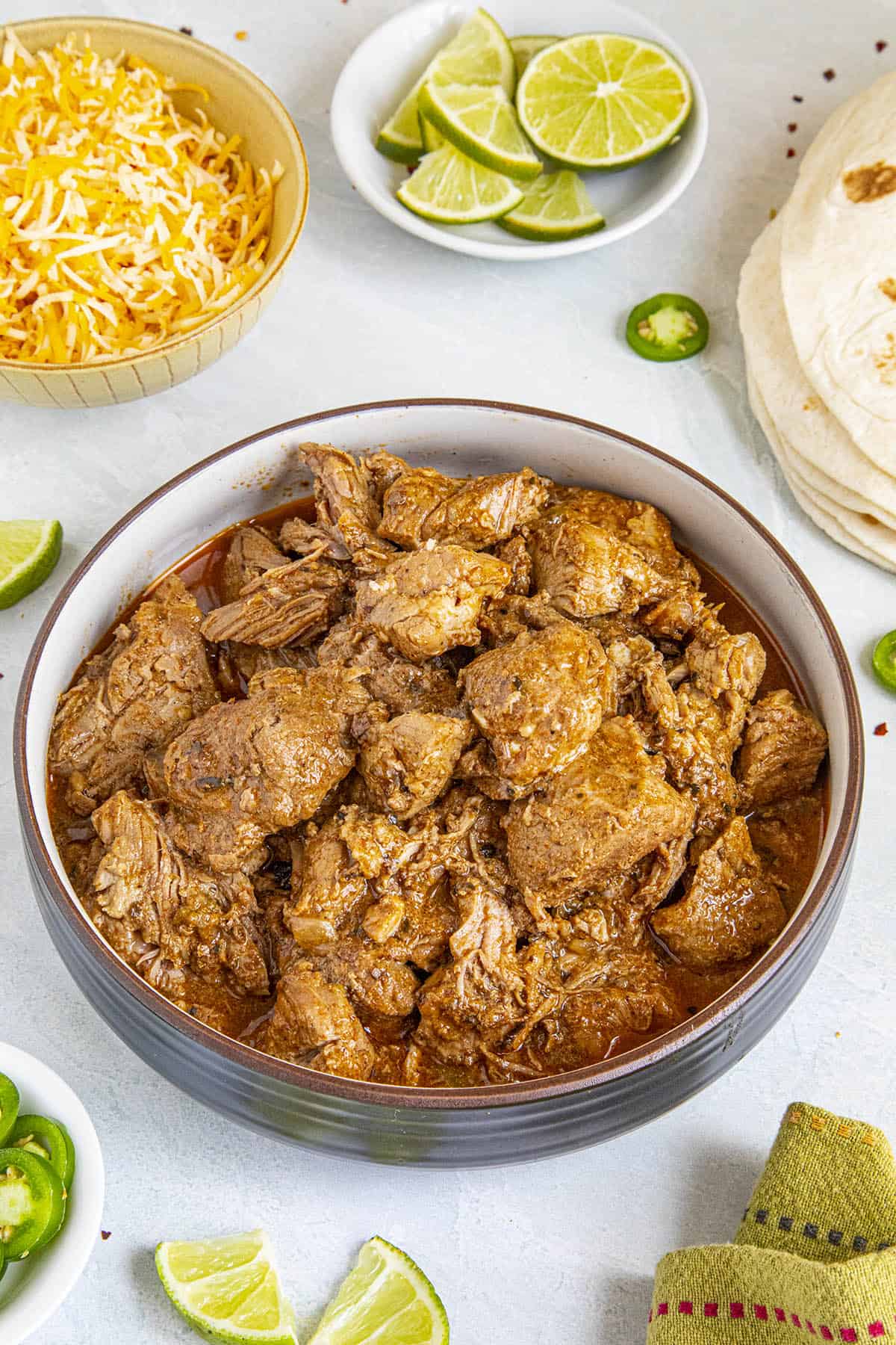 Chunks of Carne Adovada in a bowl, ready to enjoy