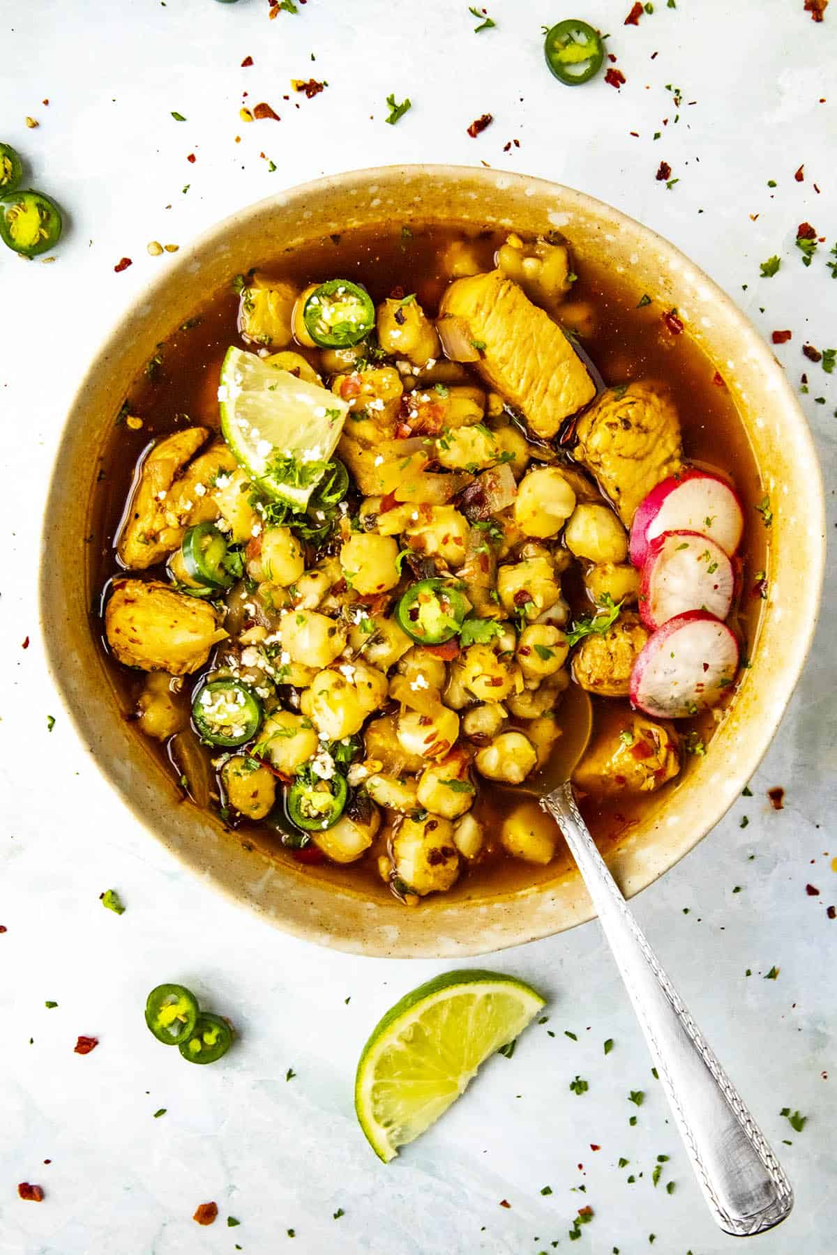 A bowl of Chicken Pozole Rojo