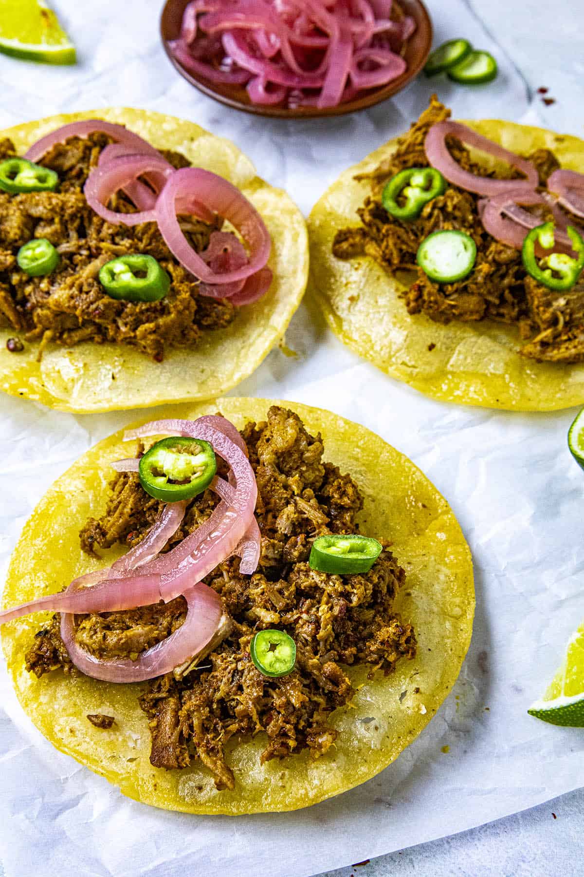 Cochinita pibil (shredded pork) tacos, ready to serve