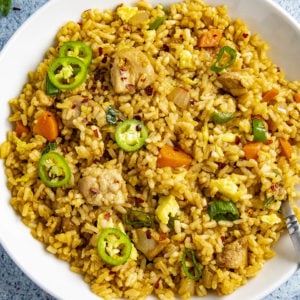 Chicken Fried Rice served in a white plate