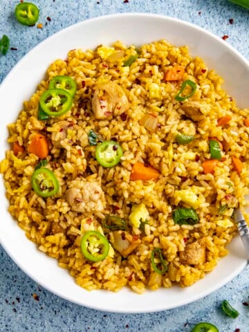 Chicken Fried Rice served in a white plate