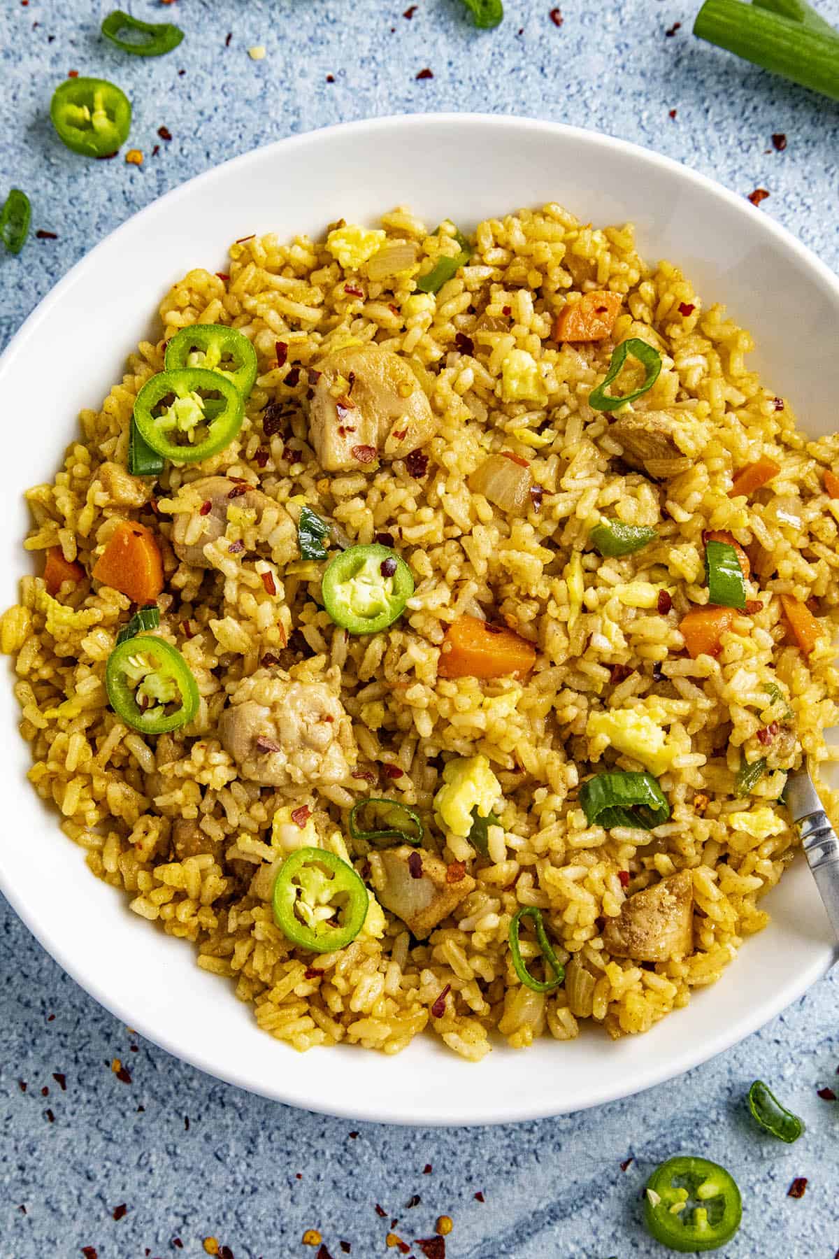 Chicken Fried Rice served in a white plate