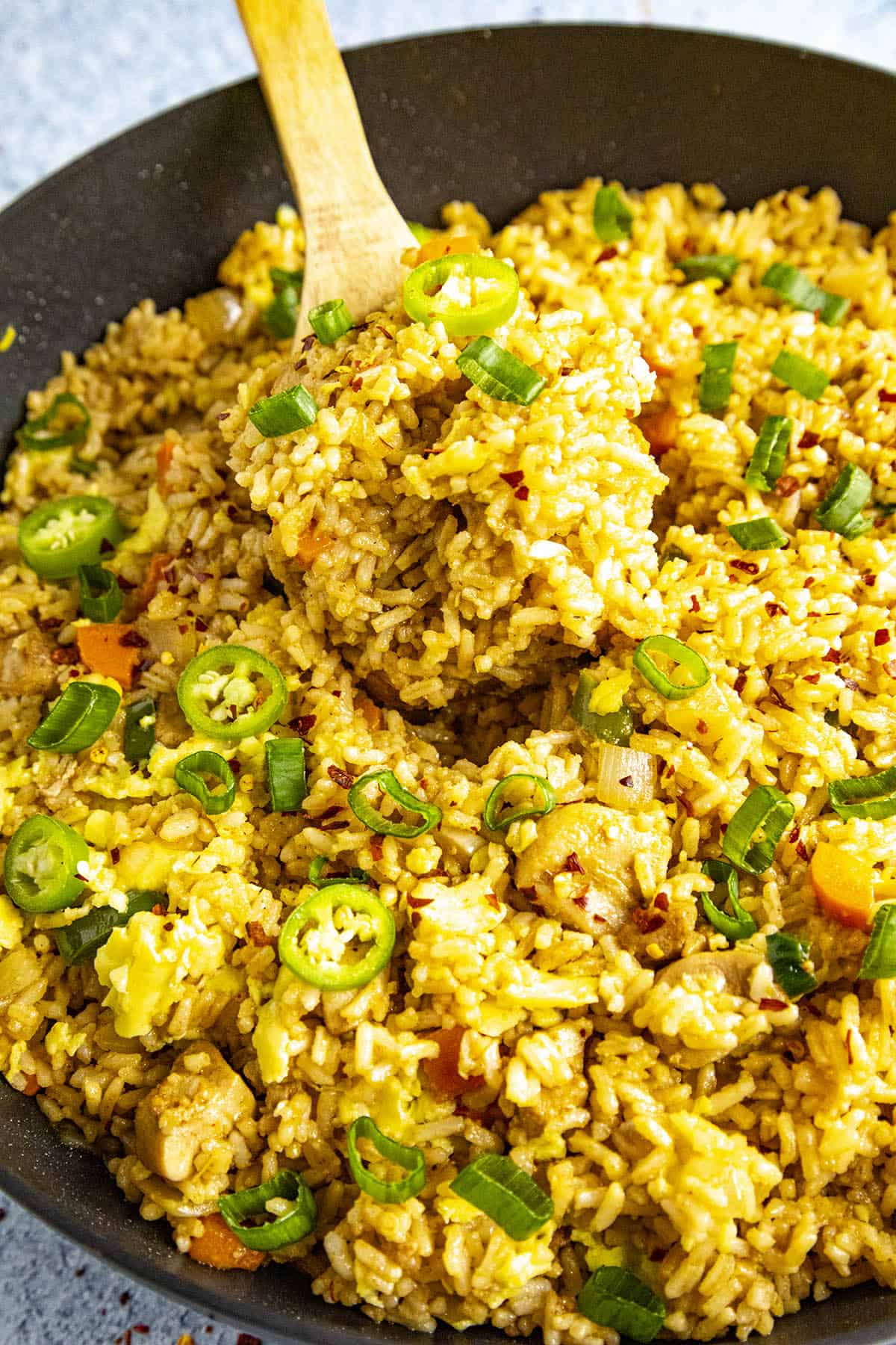 Chicken Fried Rice in a pan, ready to serve