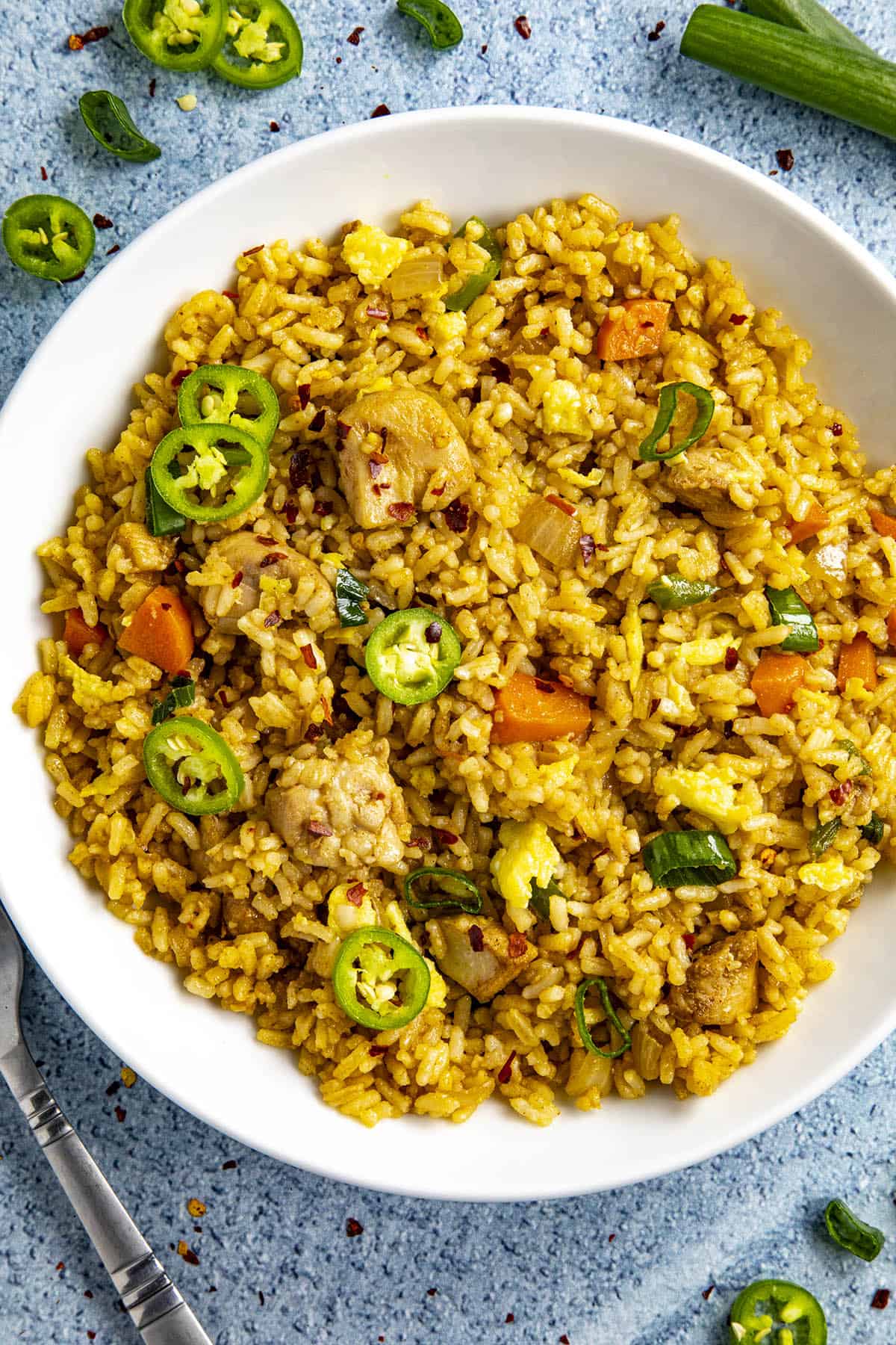 Chicken Fried Rice in a bowl with garnish