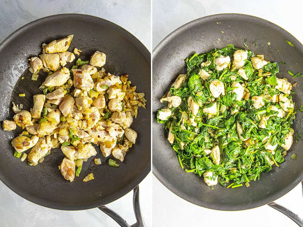 Cooking onion and chicken, then stirring spinach into the pan to make chicken saag