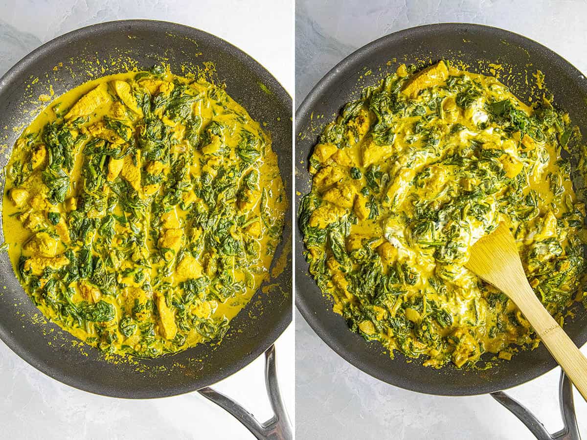 Simmering the chicken saag in a pan and stirring yogurt into the chicken saag