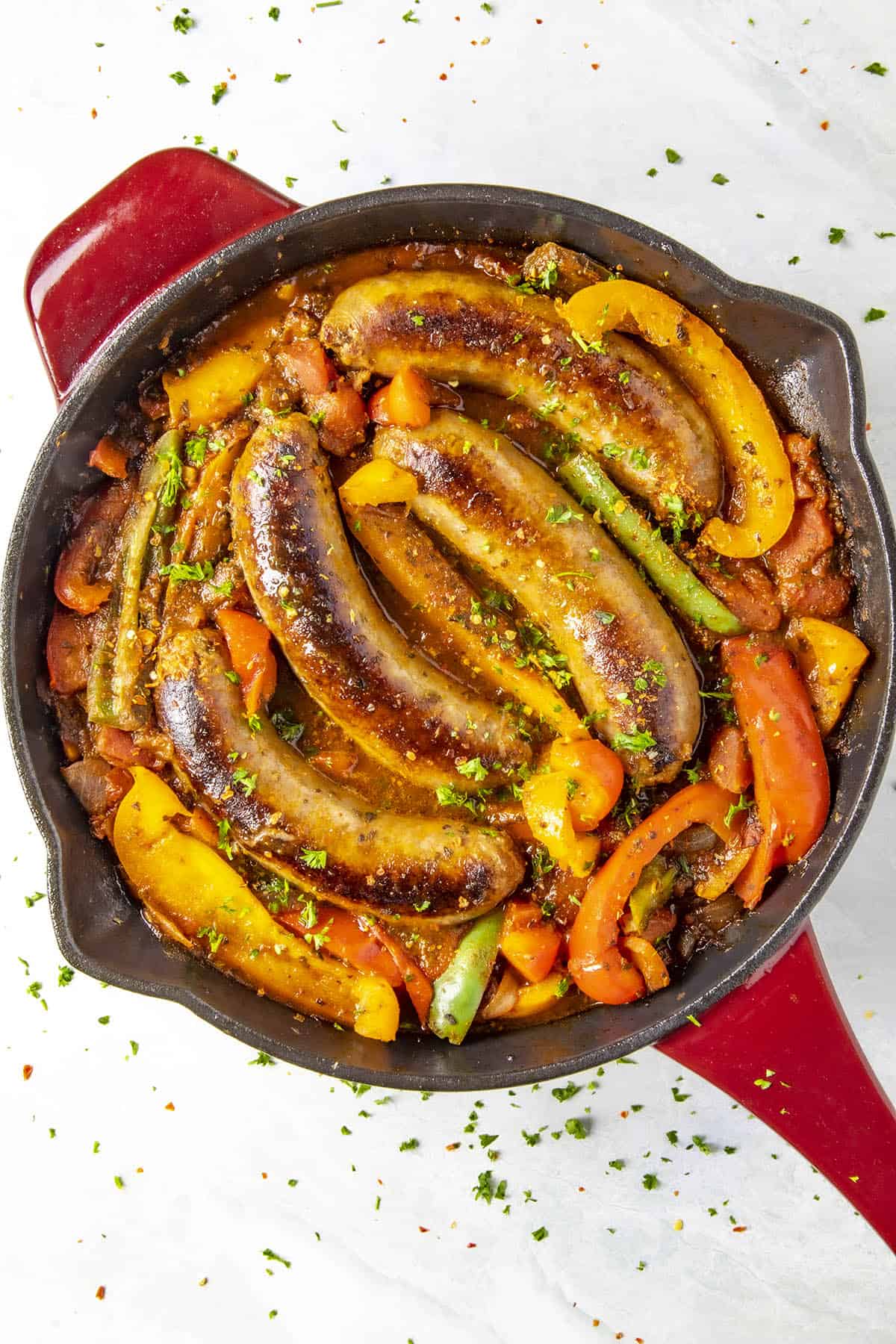 Sausage and Peppers ready to eat straight from the pan.