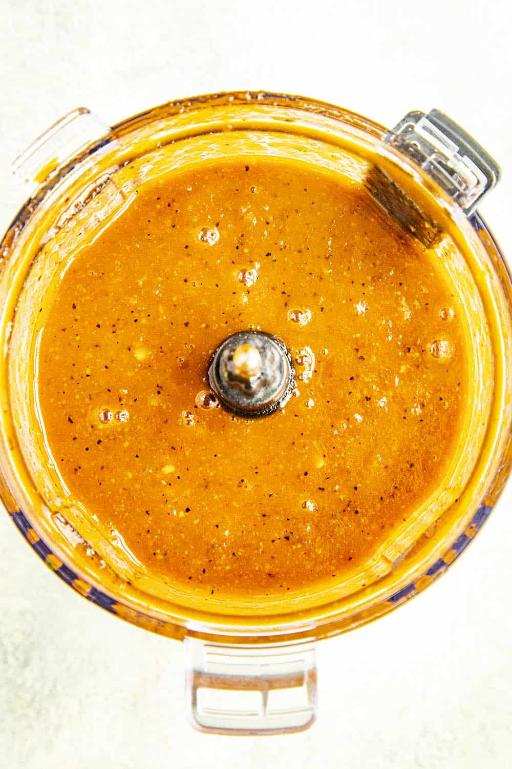 Processed bbq sauce in a food processor