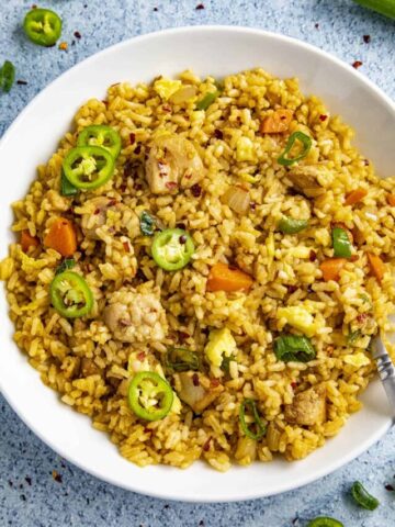 Chicken Fried Rice served in a white plate