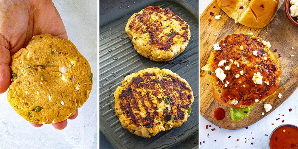 Steps for making Buffalo chicken burgers, including making the patties, cooking them in a pan, then garnishing them with blue cheese and Buffalo sauce