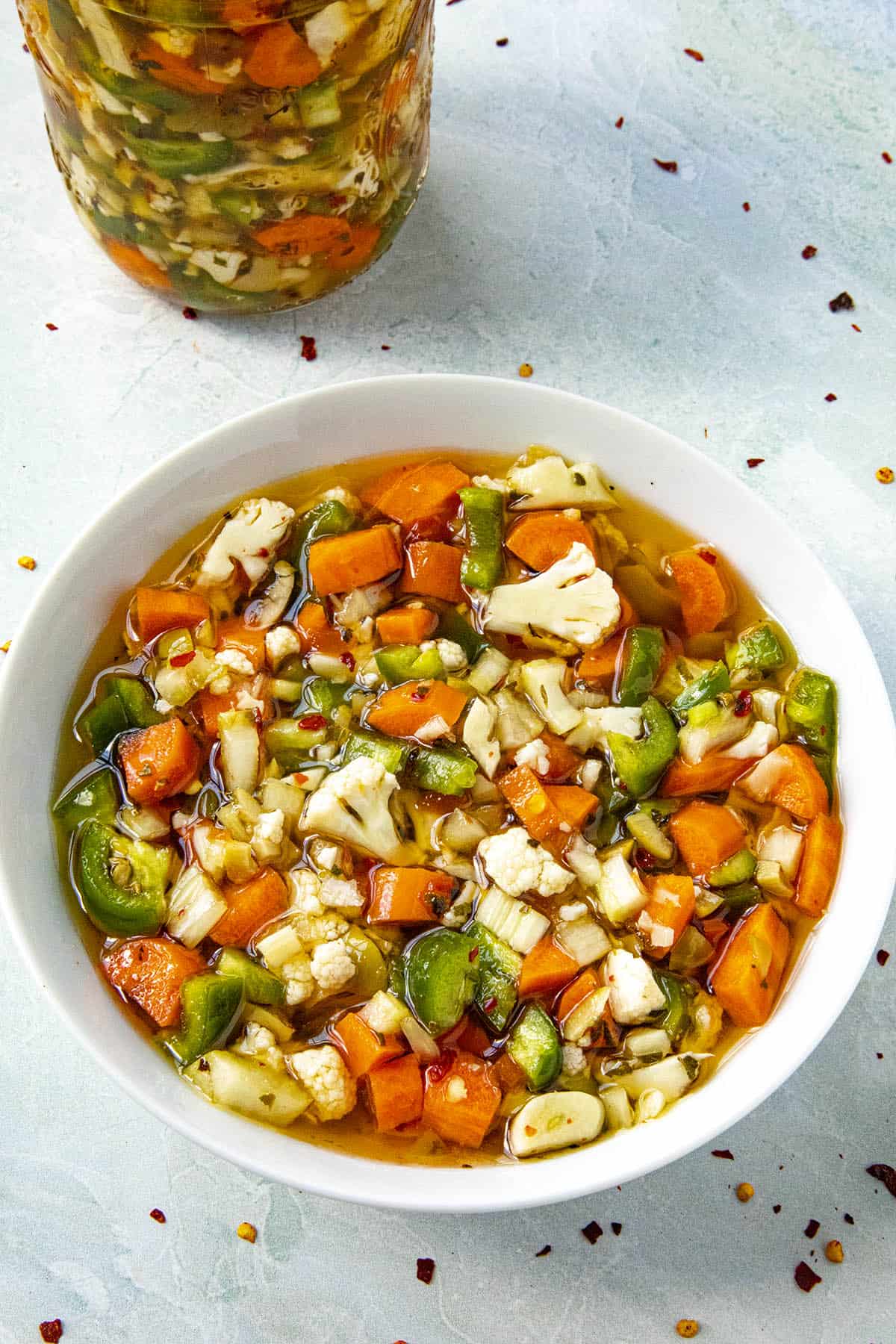 A glistening bowl of Chicago Style Giardiniera