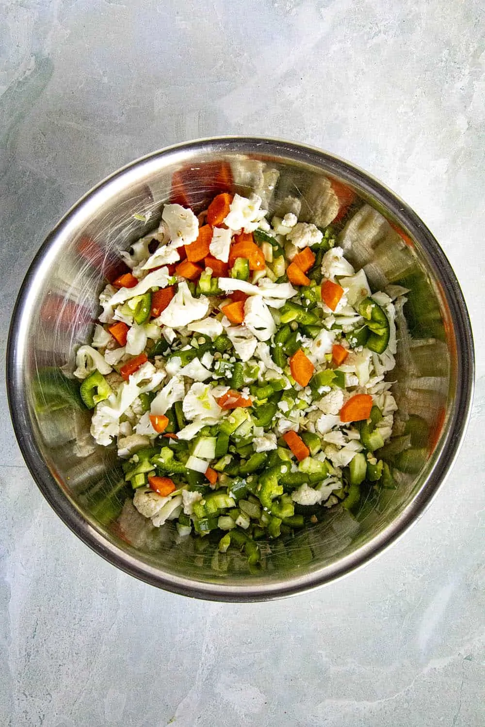 Fresh chopped vegetables in a bowl for making Chicago Style Giardiniera