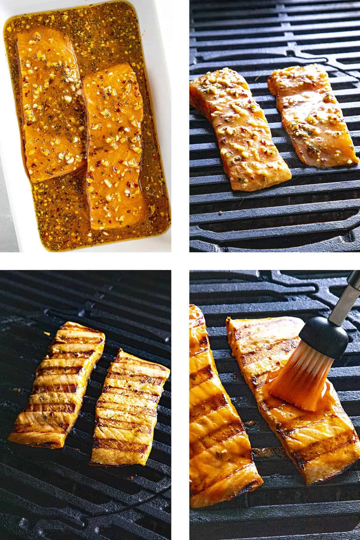 Steps for making grilled salmon with honey sriracha glaze, including marinating, grilling and brushing with sauce