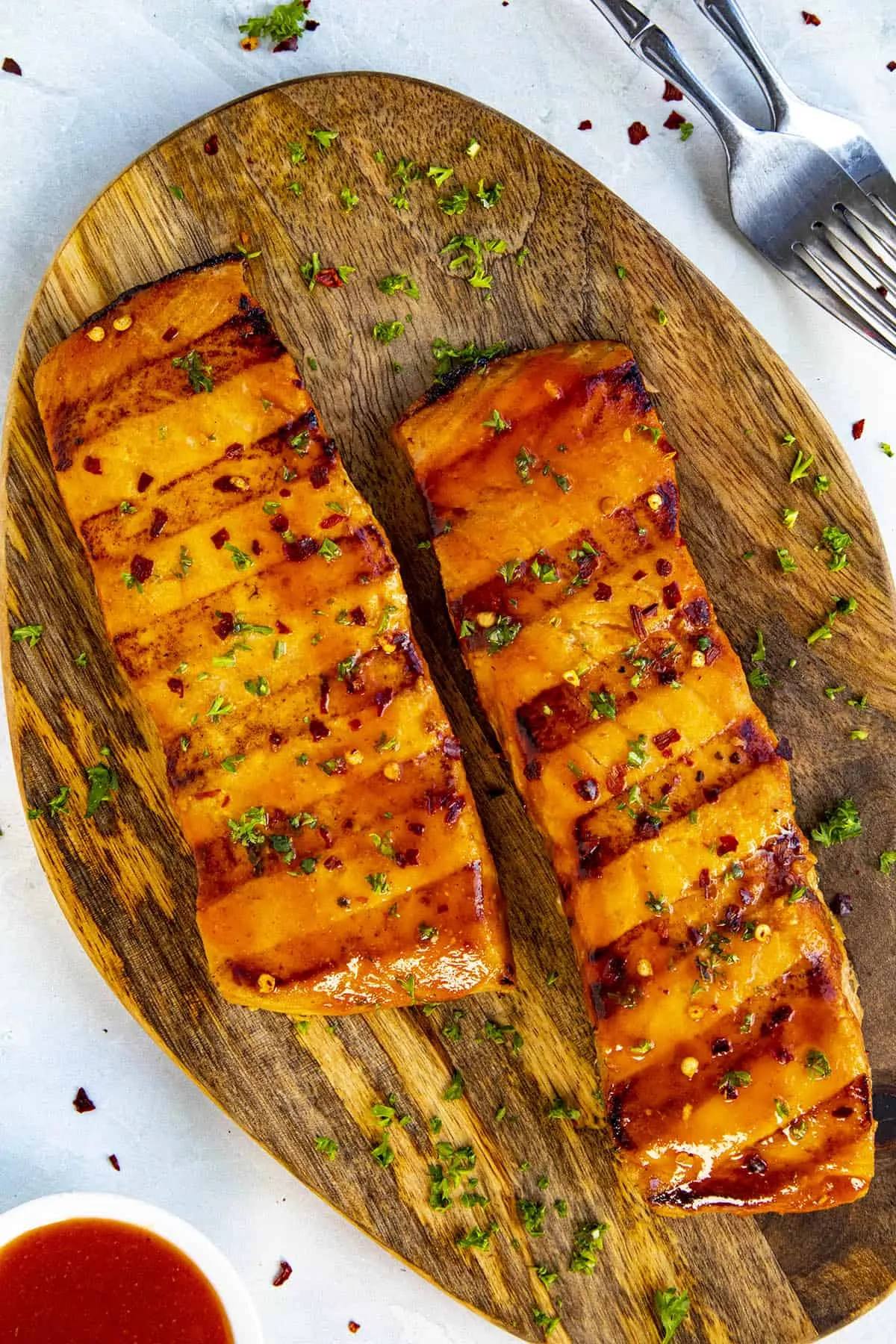 Grilled Salmon with Honey Sriracha Sauce on a serving platter