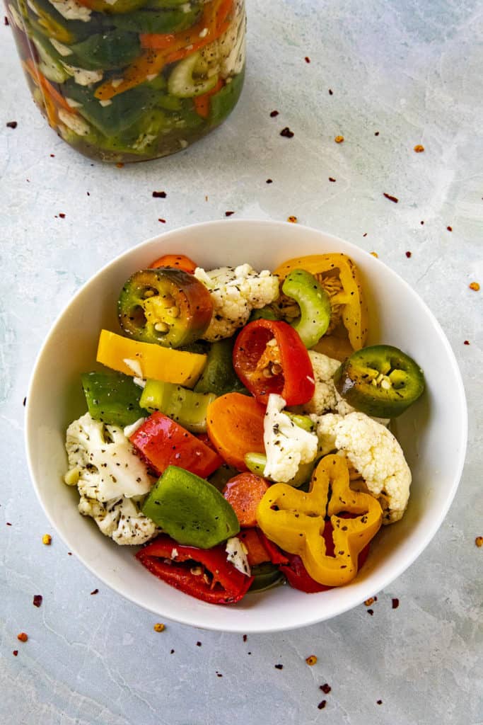 Italian Giardiniera in a bowl, ready to eat