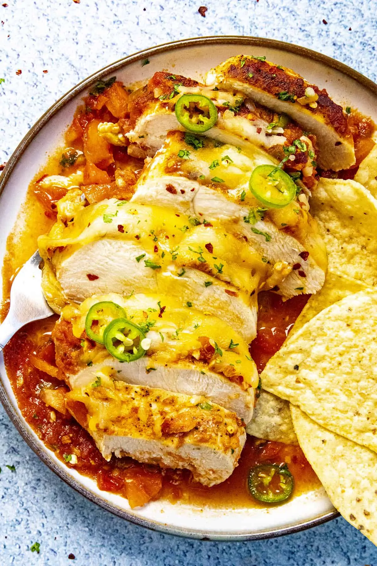 Sliced salsa chicken with cheese and tortilla chips