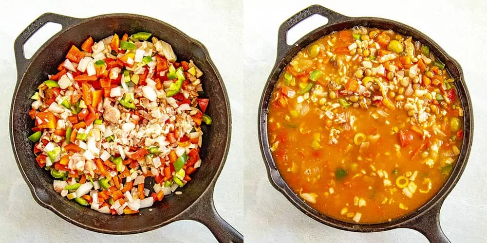 Simmering Arroz con Gandules in a pan