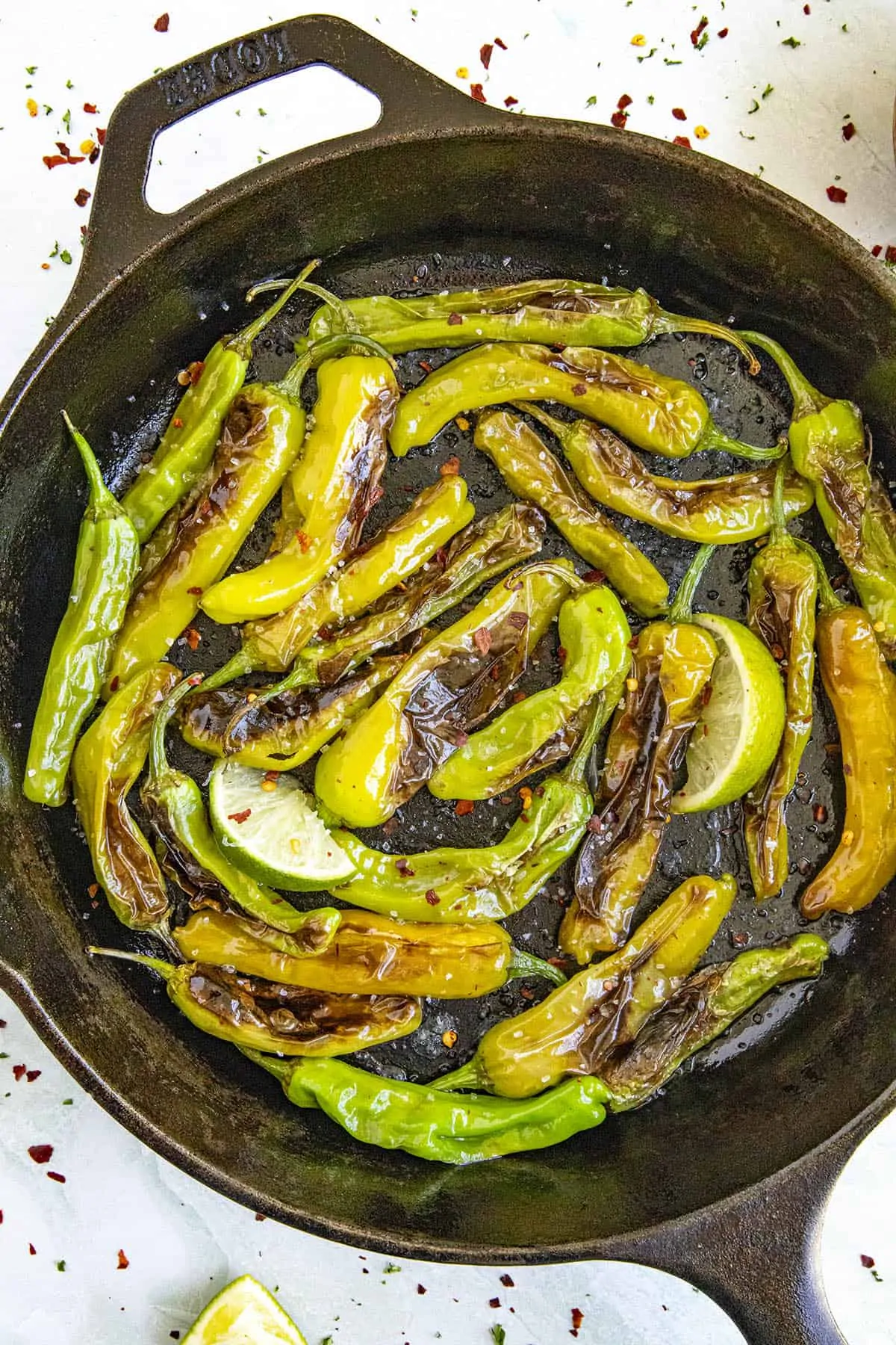 Blistered Shishito Peppers in a pan