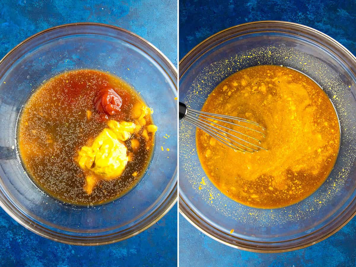 A fresh batch of Carolina Mustard BBQ Sauce whisked in a bowl