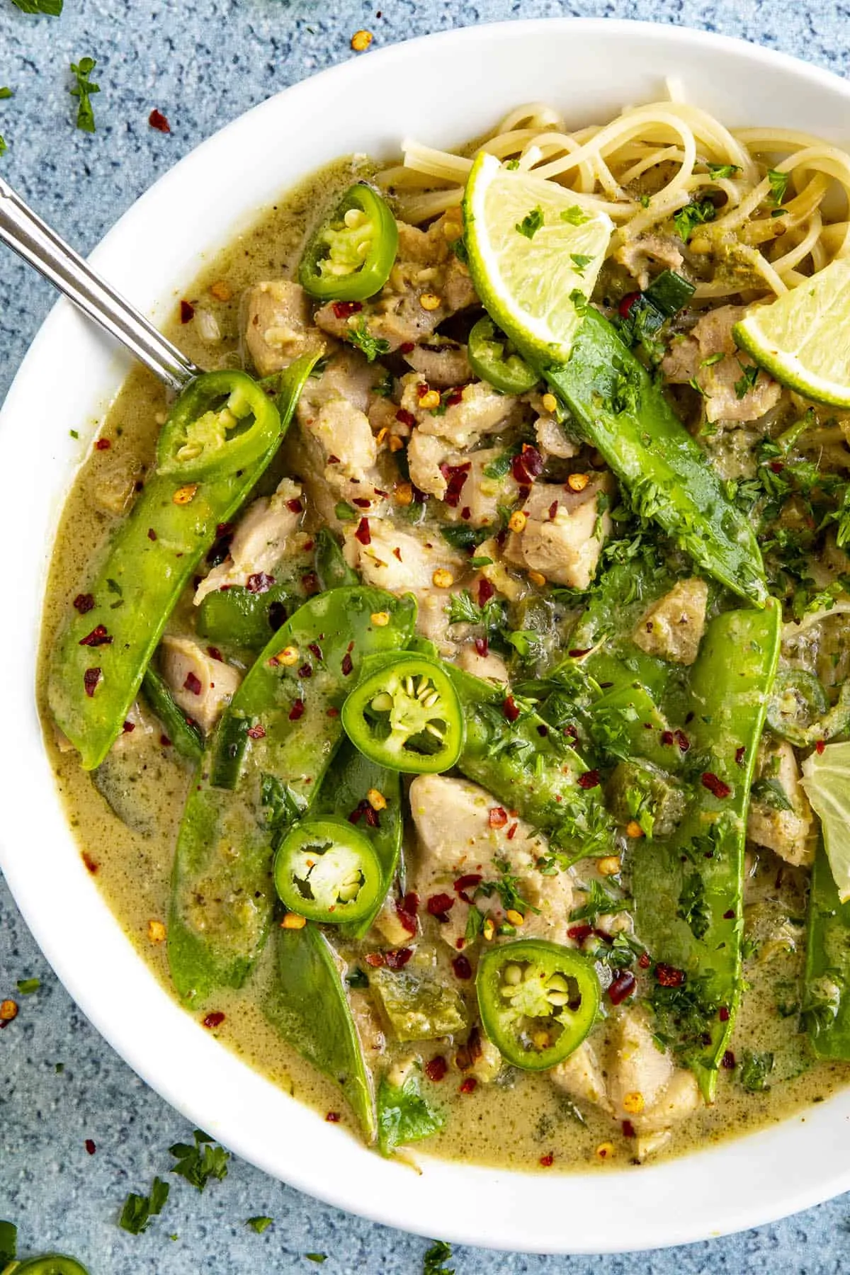 Spicy green curry in a bowl, ready to serve.