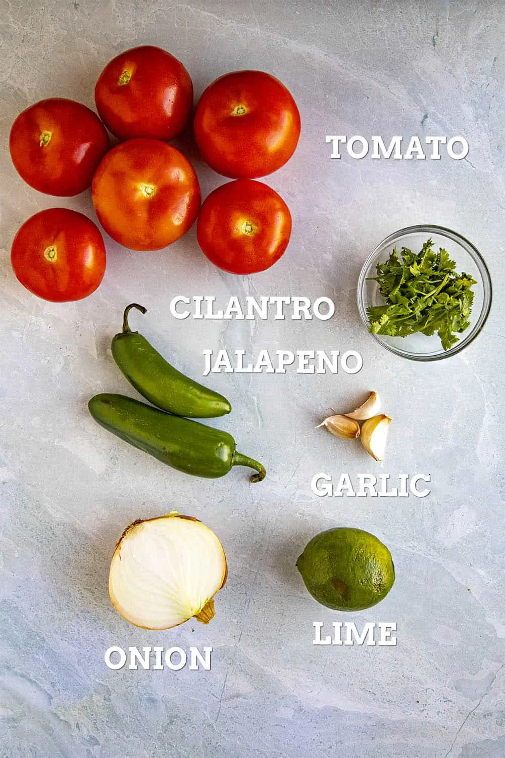 Ingredients for making salsa roja, including tomato, cilantro, jalapeno, onion, garlic and lime