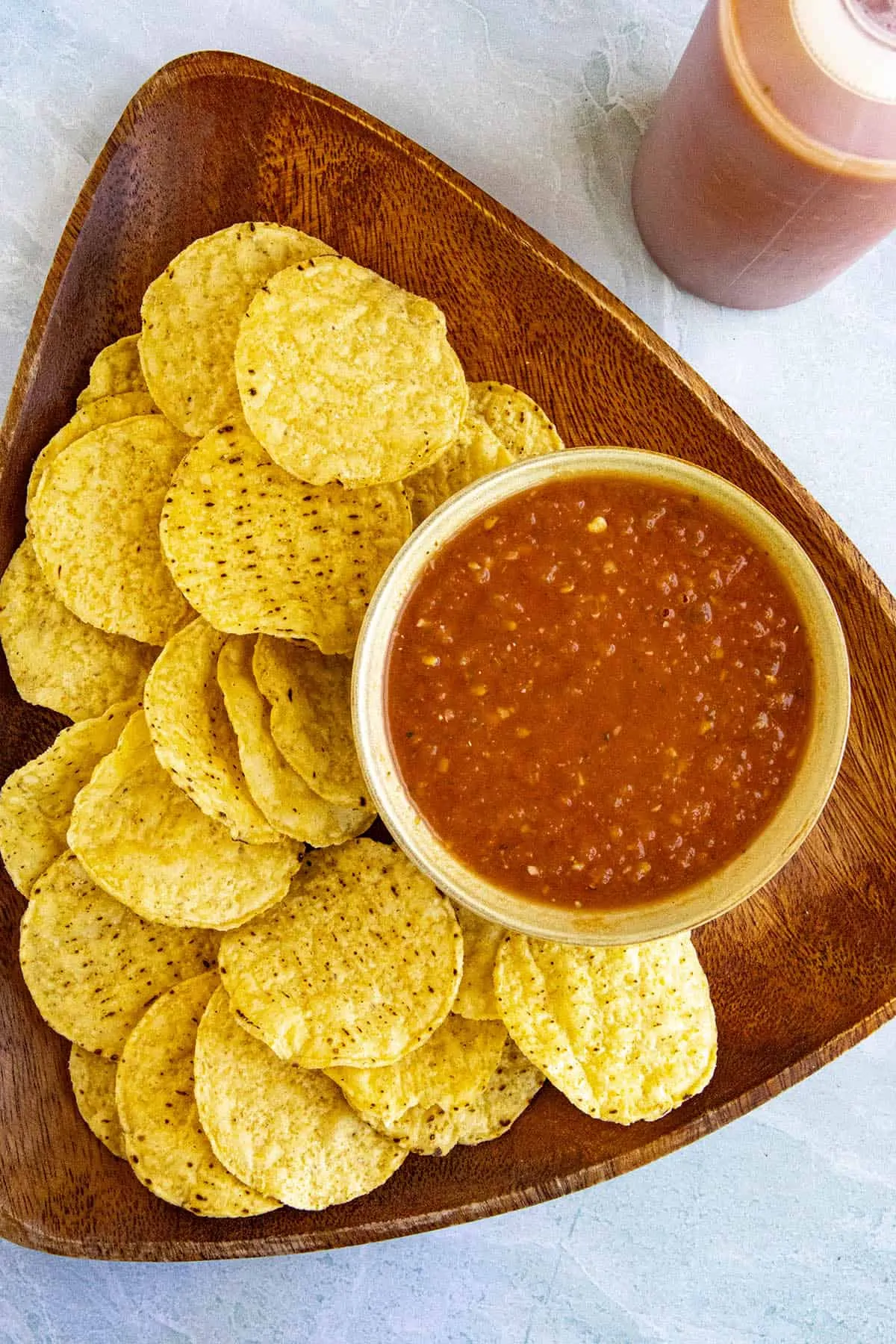 Salsa Roja in a bowl with corn tortilla chips