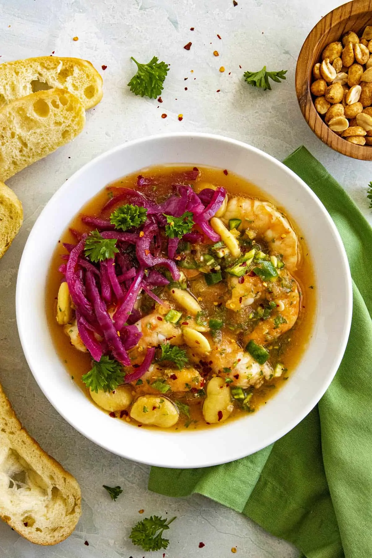 Shrimp Ceviche in a bowl with bread