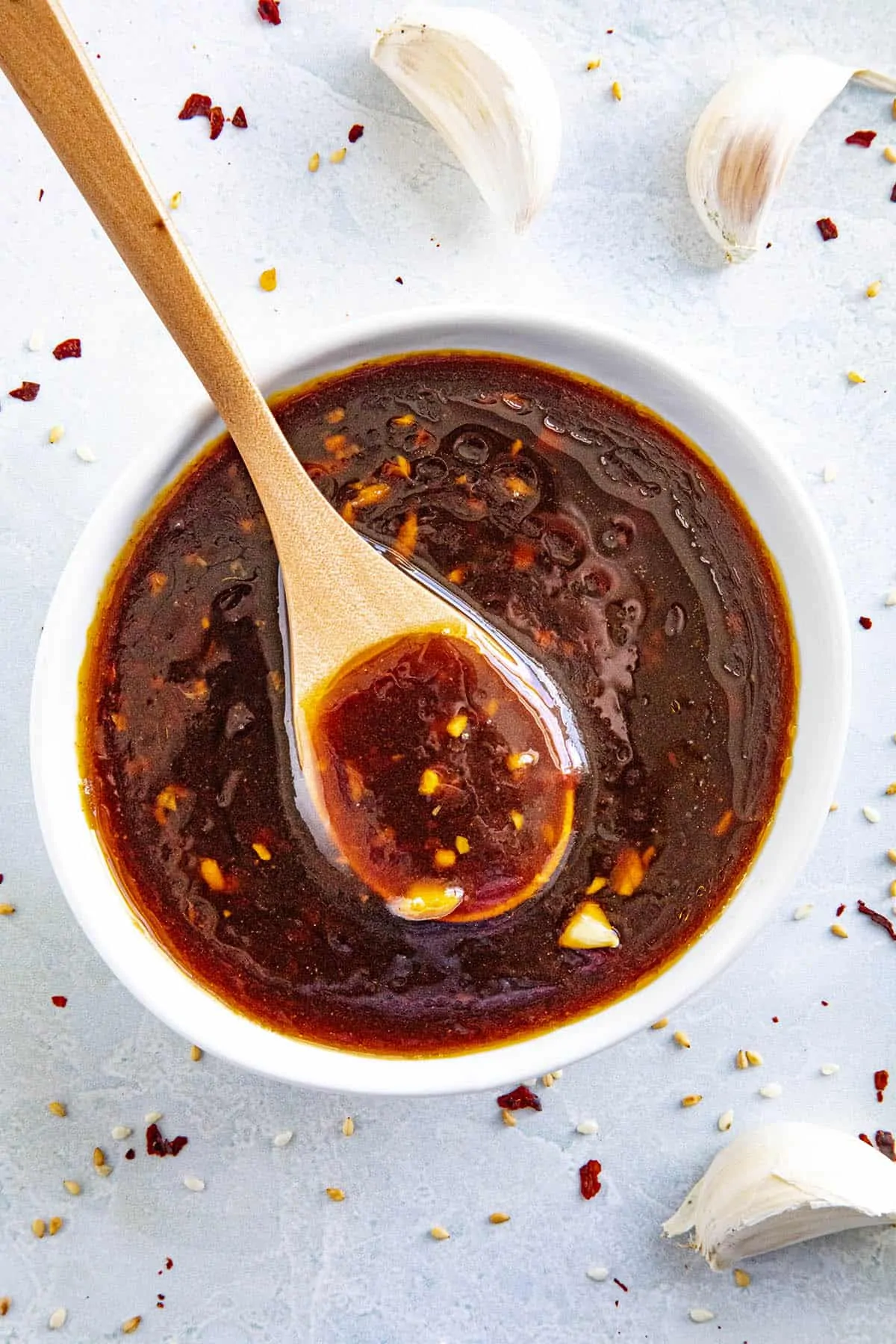 Spicy Teriyaki Sauce on a spoon, in a bowl