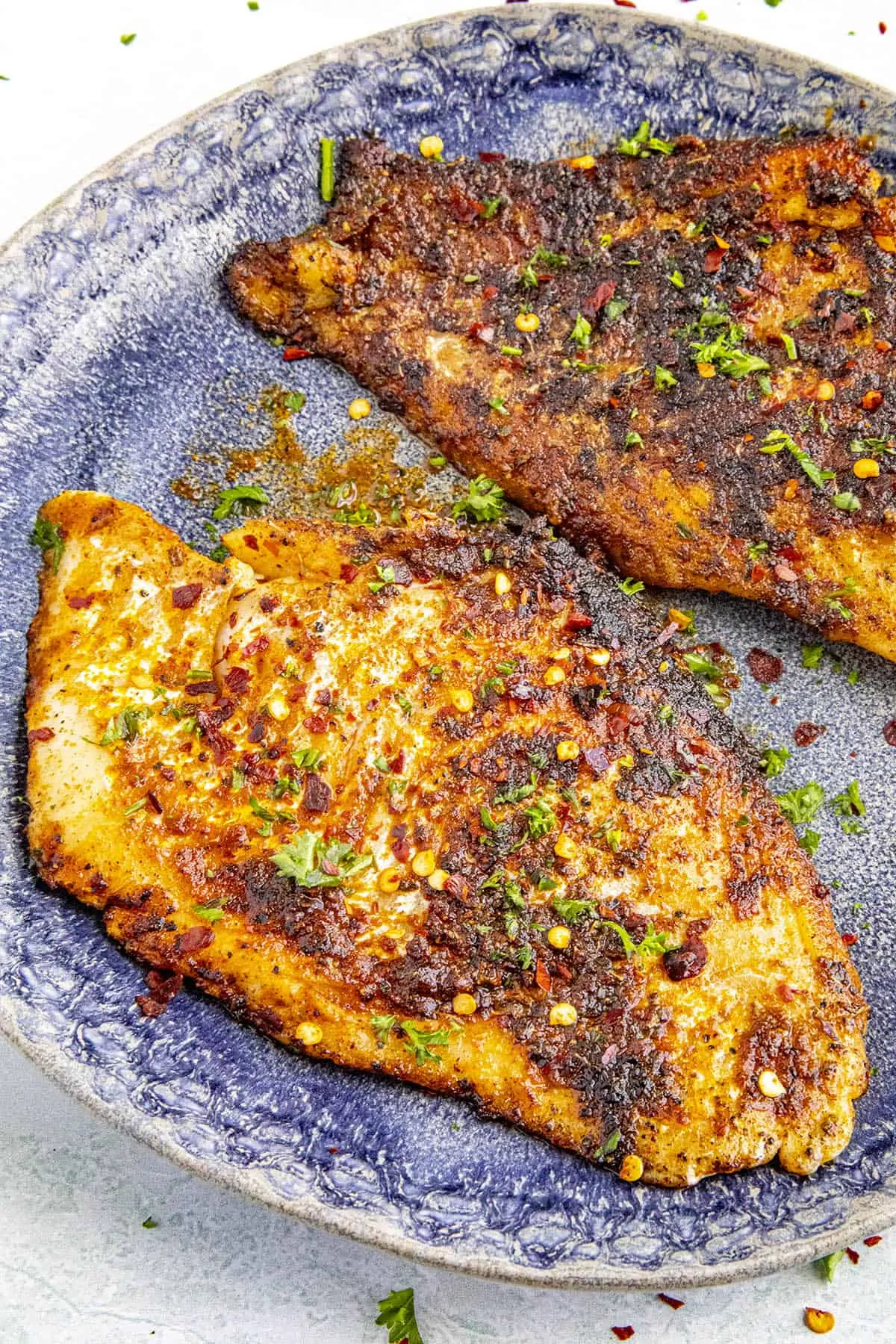 Two pieces of Blackened Fish on a plate