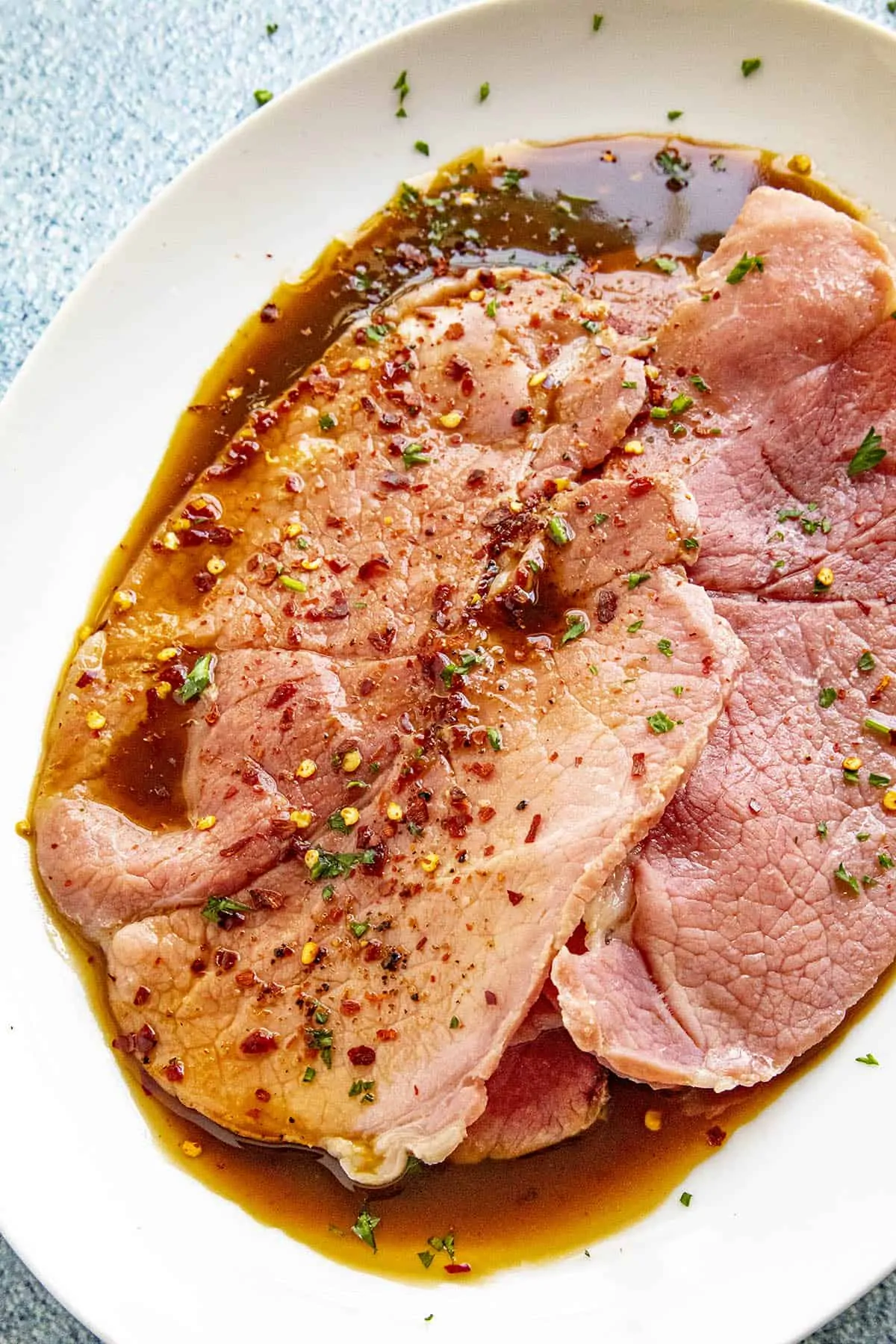 Country ham on a plate with Red Eye Gravy