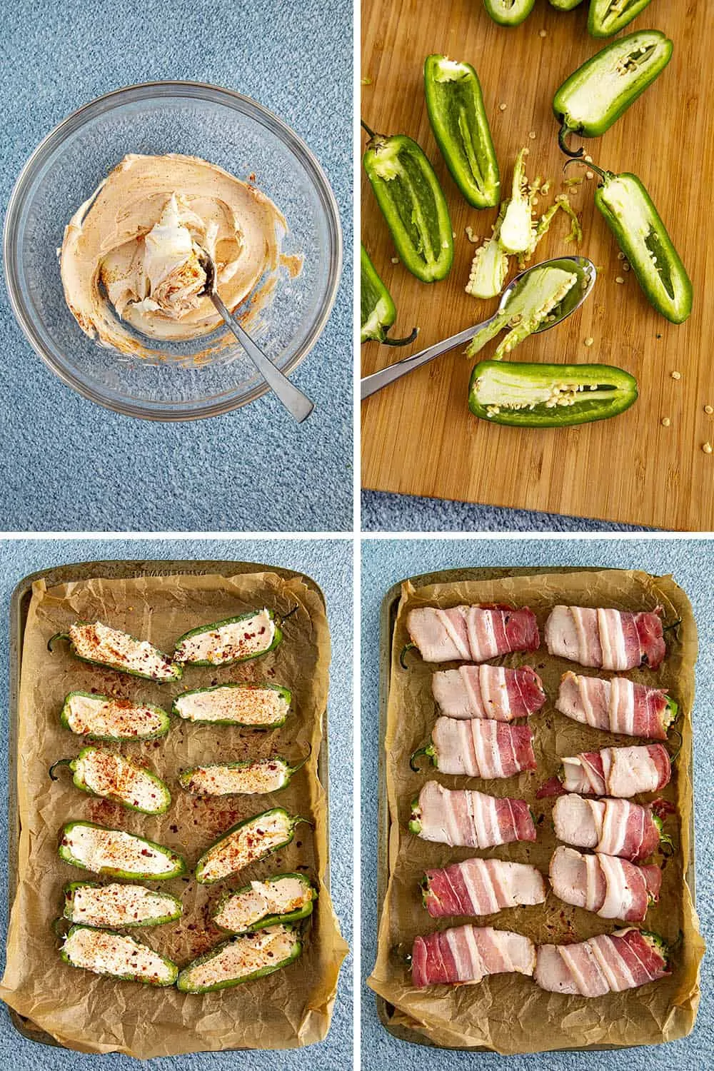 Steps for making Smoked Jalapeno Poppers, including the stuffing, coring the peppers, stuffing the peppers and wrapping them in bacon