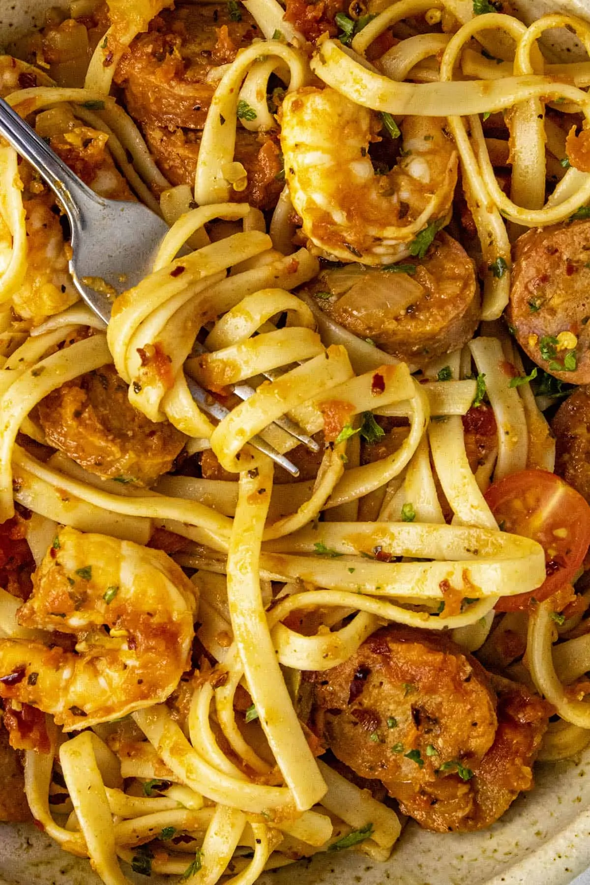 A forkful of Cajun pasta.