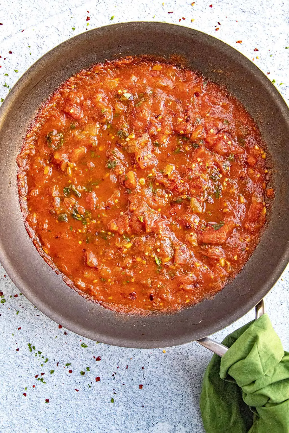 Spicy Italian Fra Diavolo Sauce in a hot pan, ready to serve
