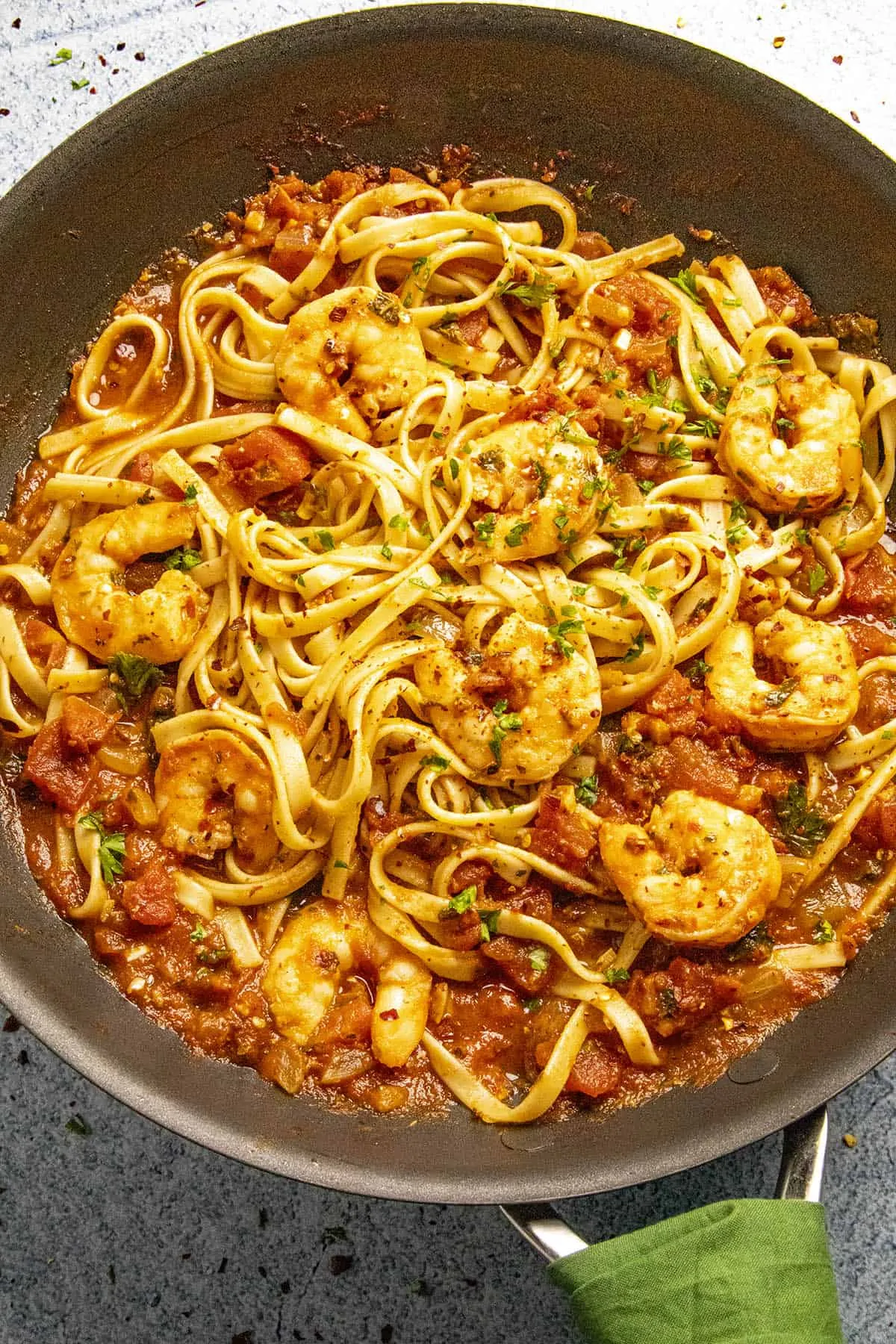 Shrimp Fra Diavolo in a pan with spicy Fra Diavolo Sauce