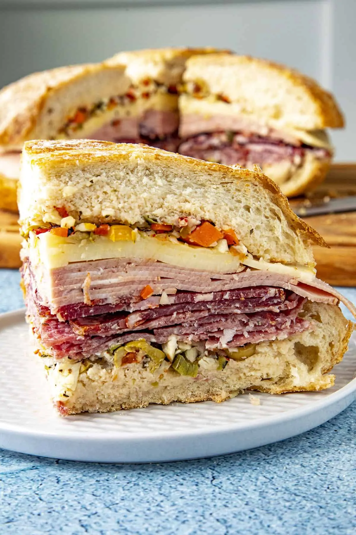 A slice of a Muffaletta sandwich