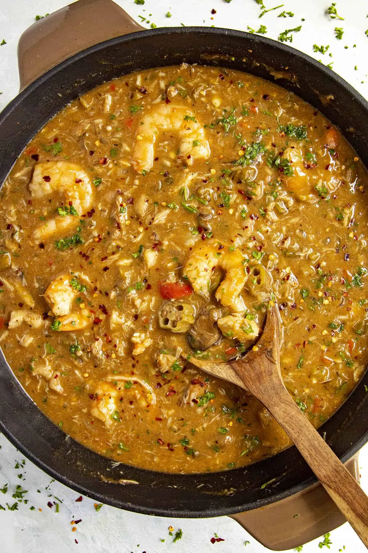 Seafood Gumbo in a pot with 4 types of seafood