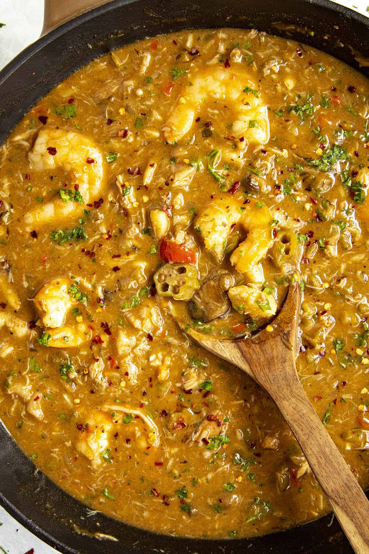 Chunky Seafood Gumbo on a spoon