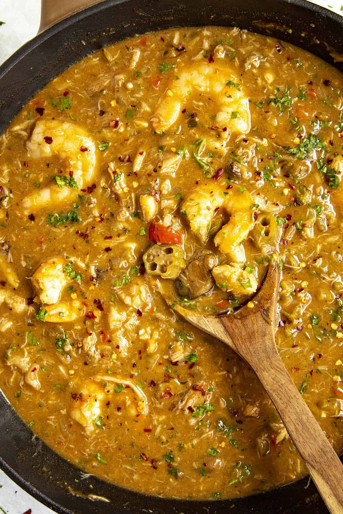 Chunky Seafood Gumbo on a spoon