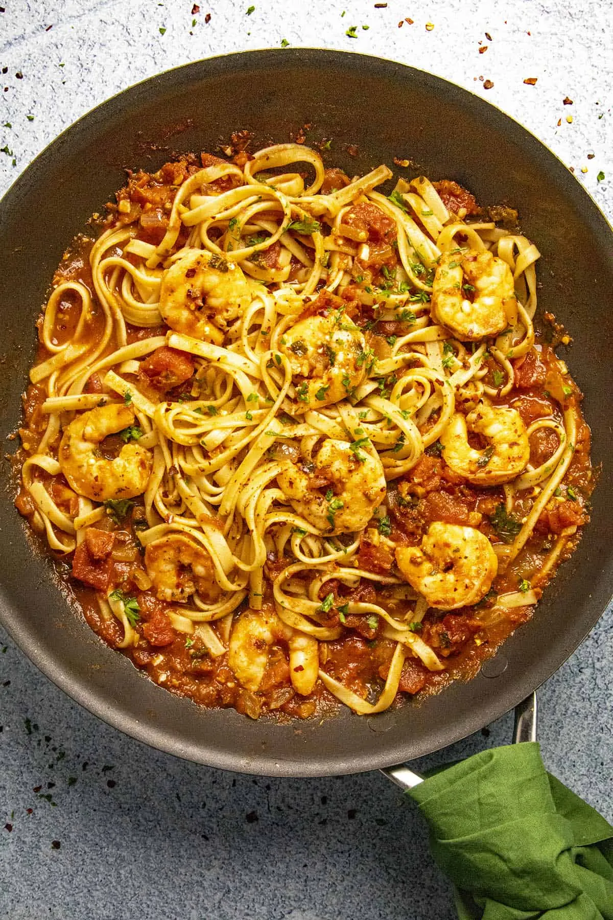 Shrimp Fra Diavolo in a pan, ready to serve