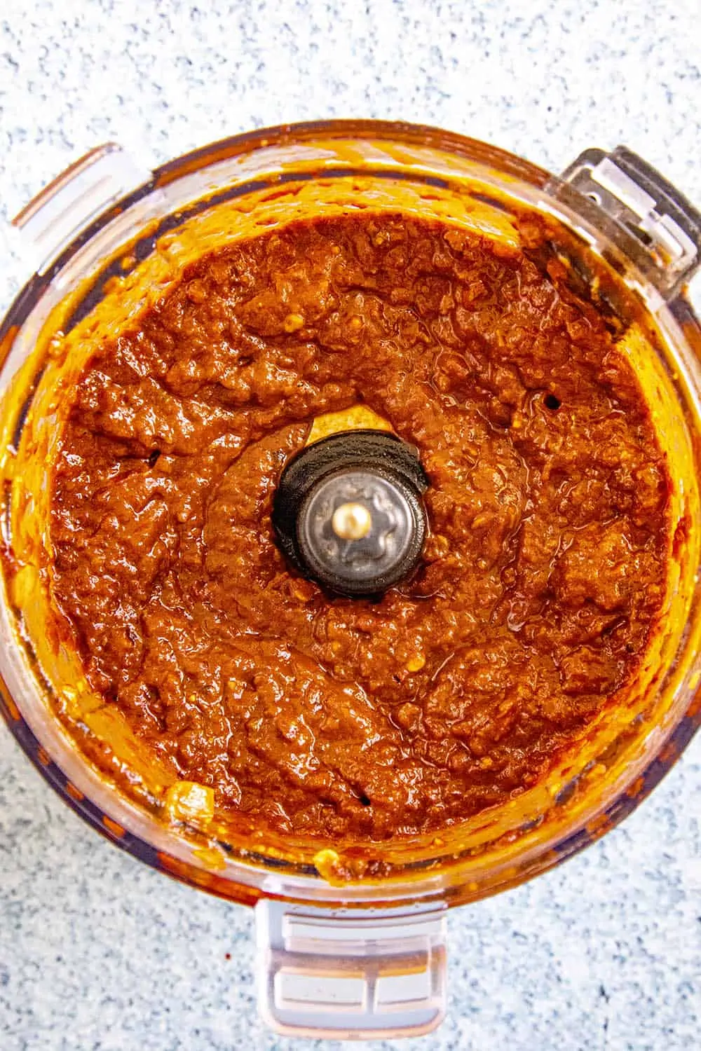 Spicy chipotle sofritas sauce in a food processor