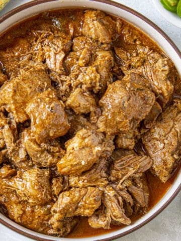 Meaty Chunks of Carne Adovada in a bowl, ready to enjoy