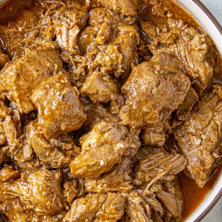 Meaty Chunks of Carne Adovada in a bowl, ready to enjoy