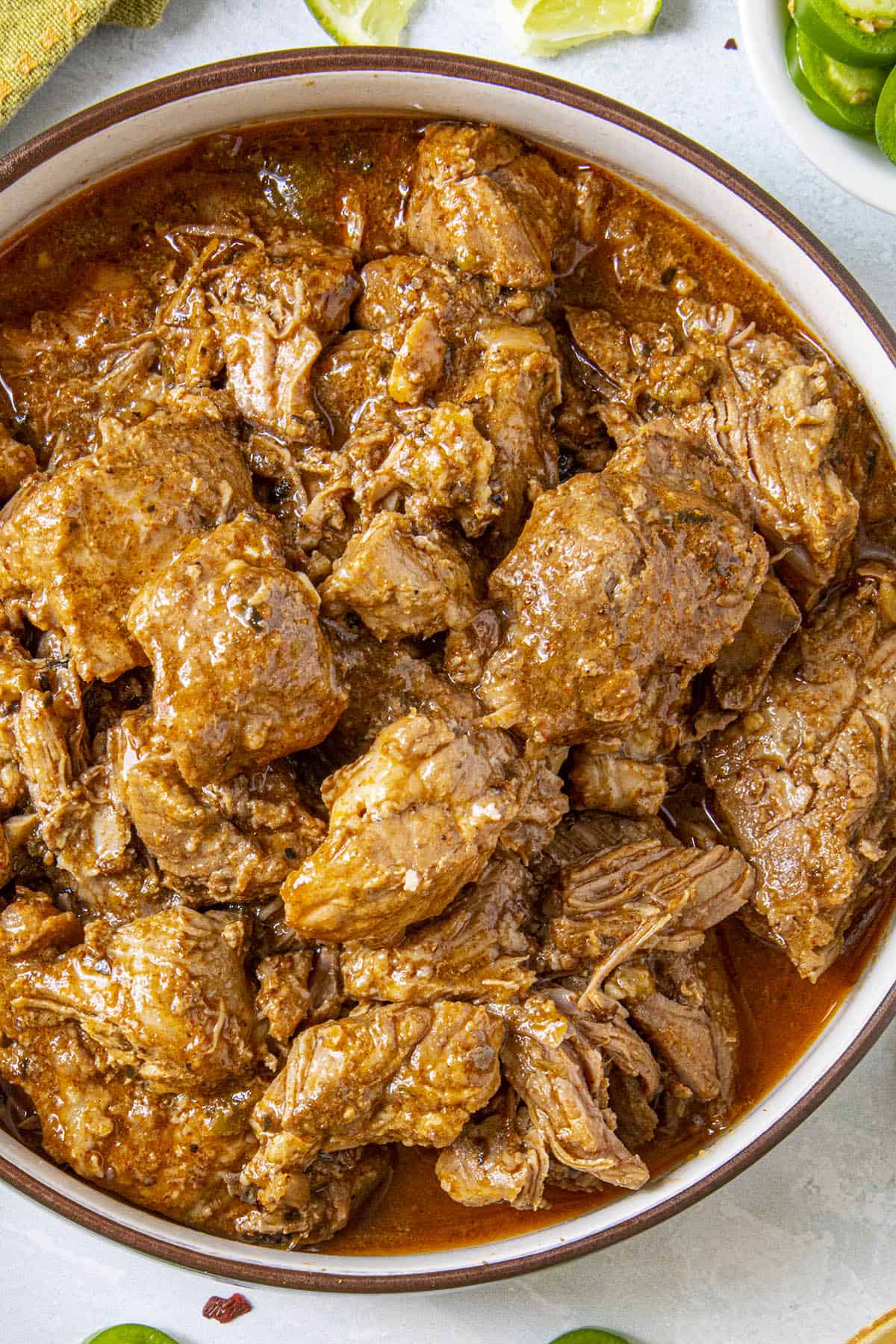 Meaty Chunks of Carne Adovada in a bowl, ready to enjoy