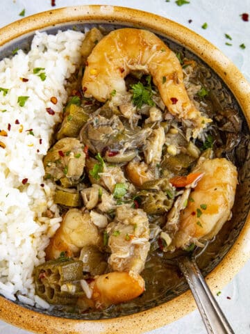 Seafood gumbo served in a big bowl