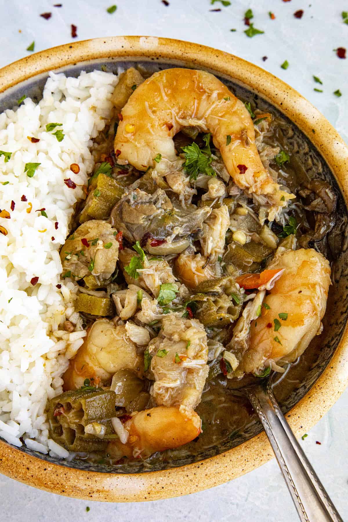 Seafood gumbo served in a big bowl