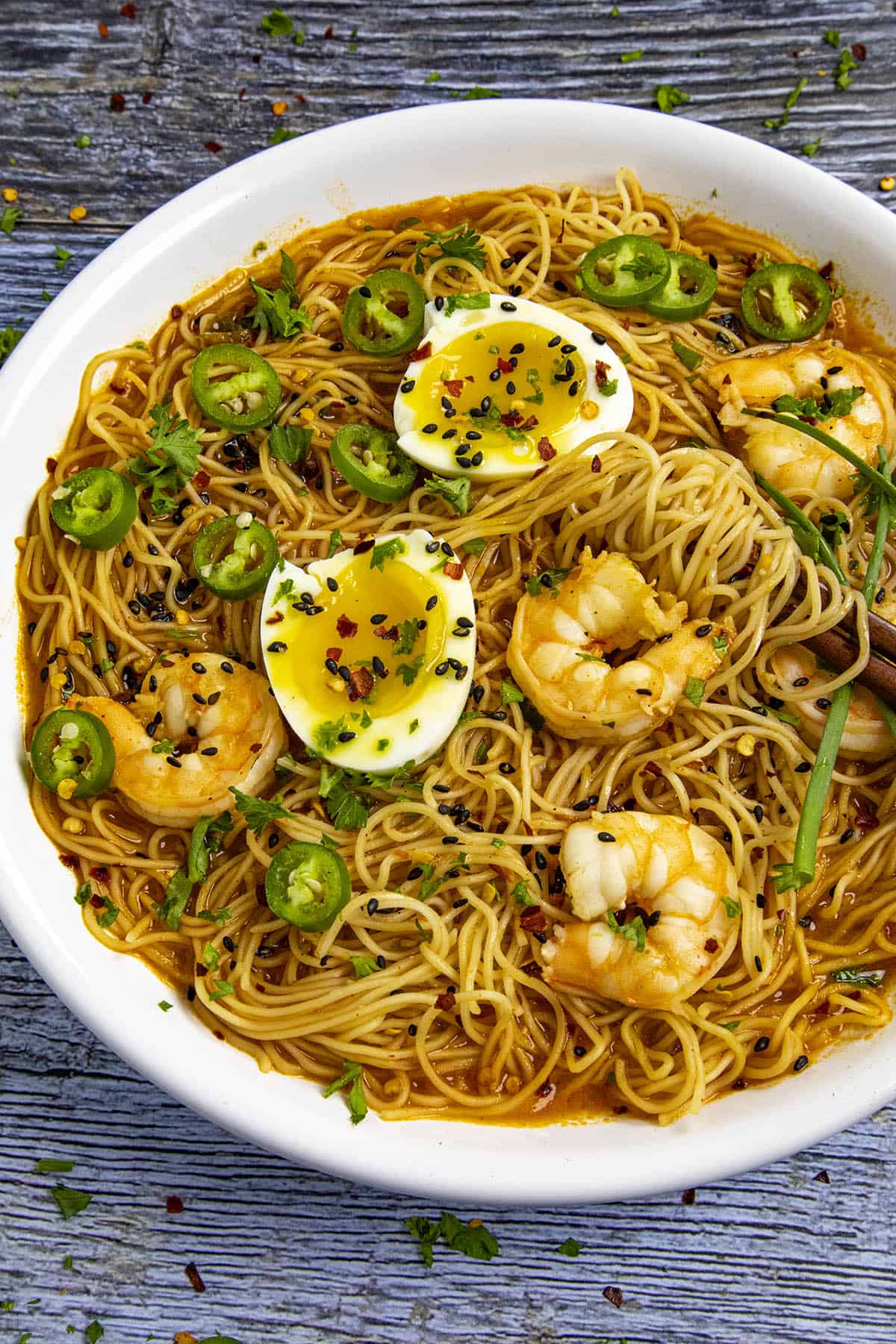 Spicy Ramen noodles in a bowl with lots of shrimp