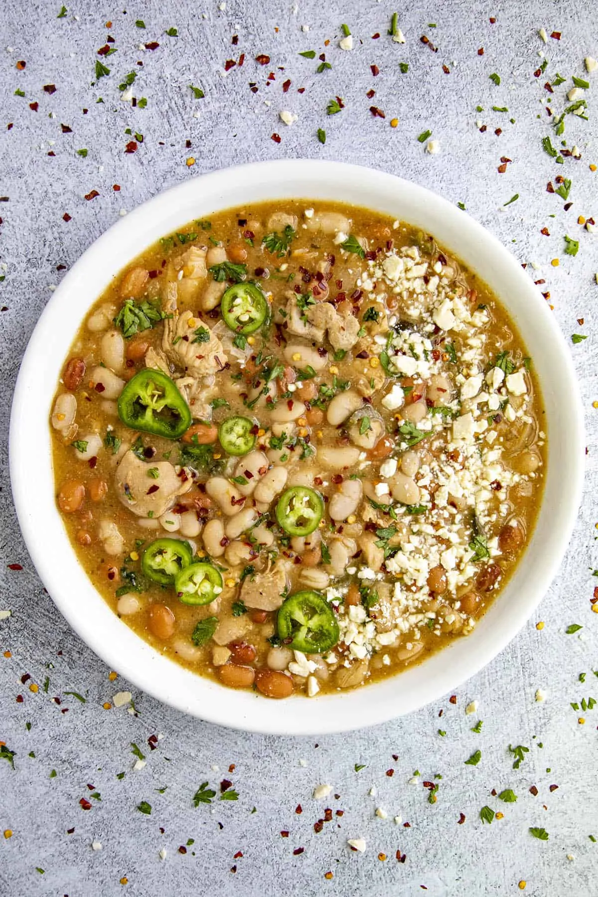 White Chicken Chili Recipe with lots of delicious garnish