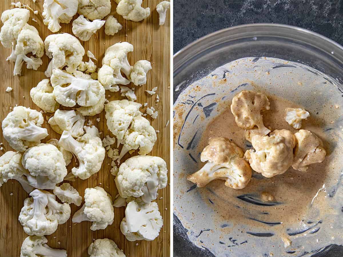 Steps for making Buffalo Cauliflower - slicing and battering