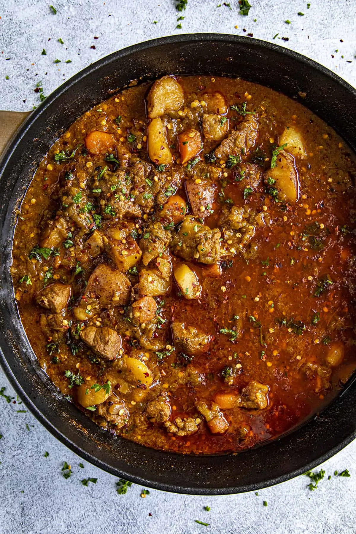 Green Chili Stew in a pot, ready to serve.